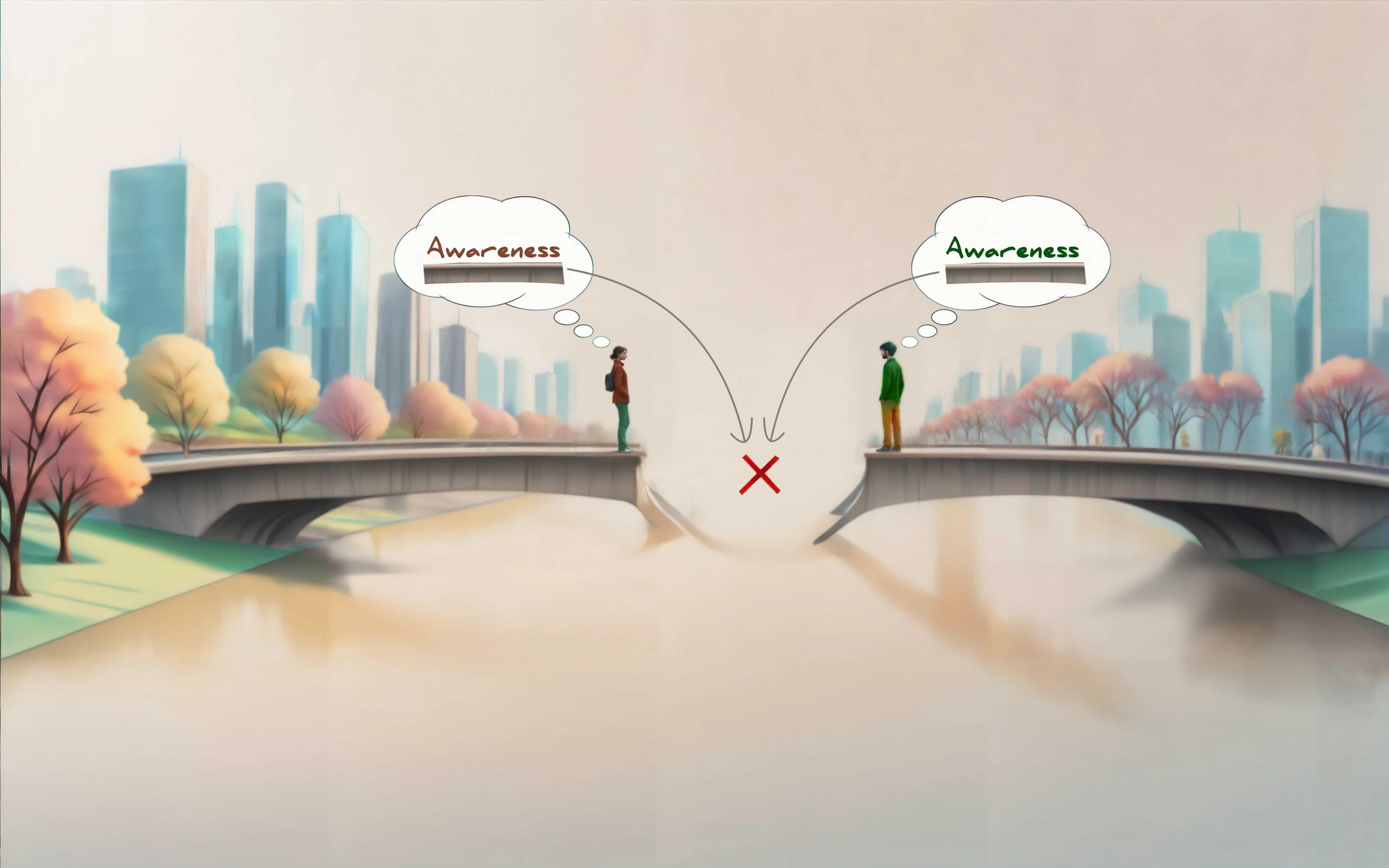 An illustration of two people standing on two opposite sides of a bridge without a possibility to bridge the gap