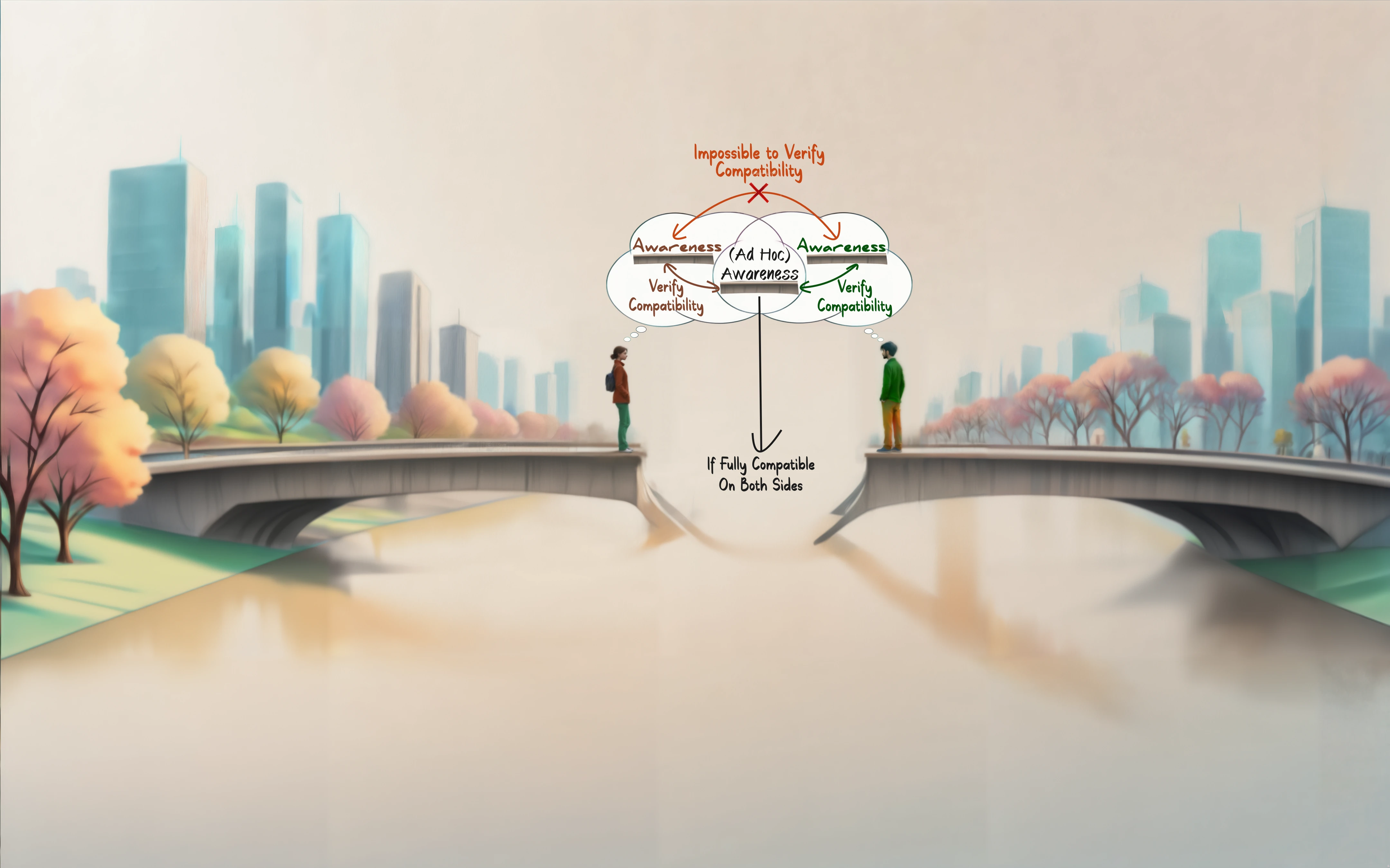 An illustration of two people standing on two opposite sides of a bridge making sense of an ad hoc concept in their mind space.