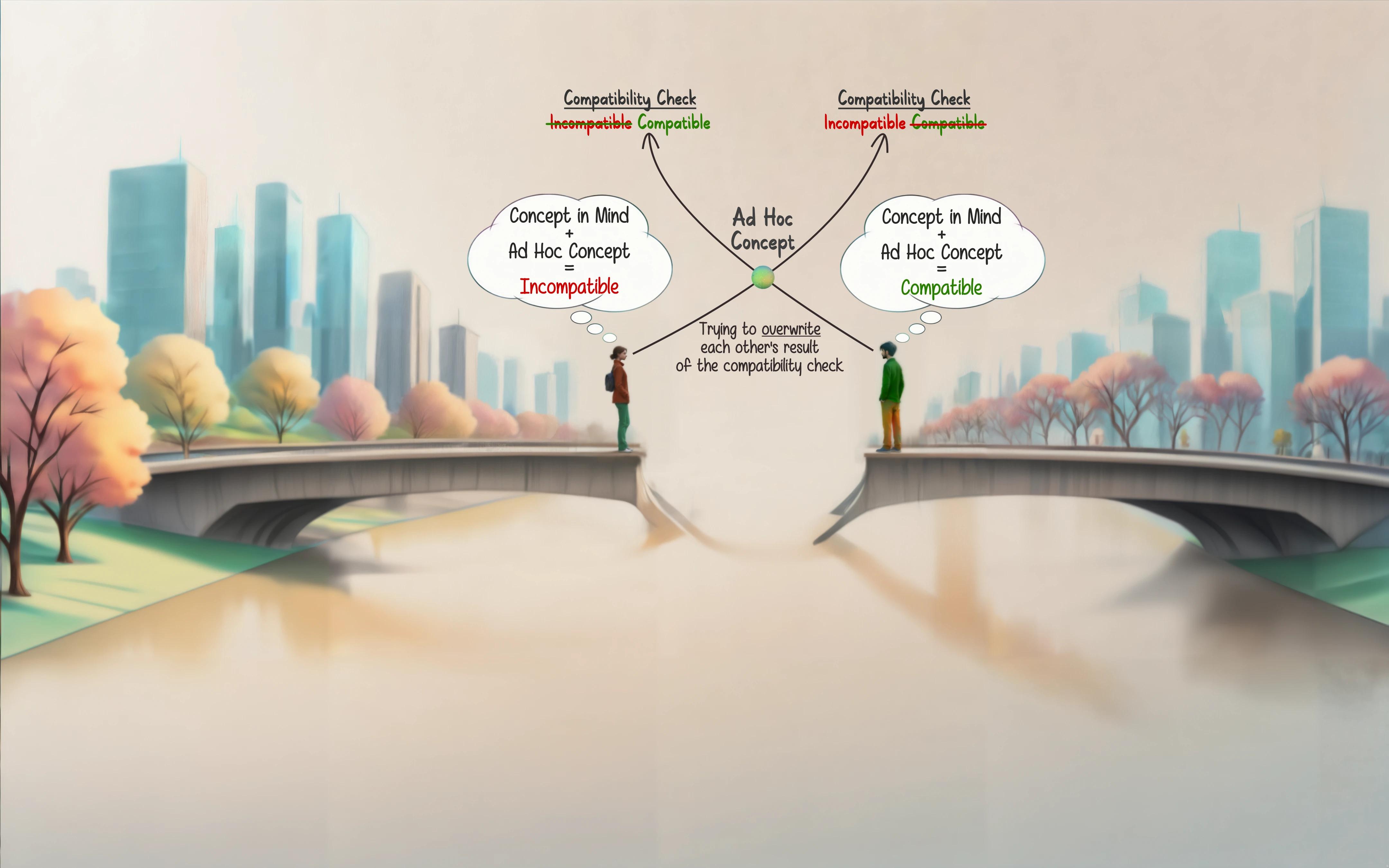 An illustration of two people standing on two opposite sides of a bridge trying to copy their view into the other person's mind.