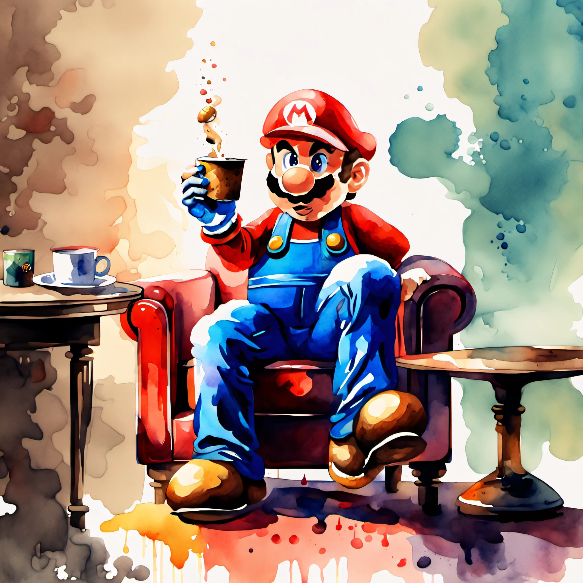 Super Mario holding a cup in his hand