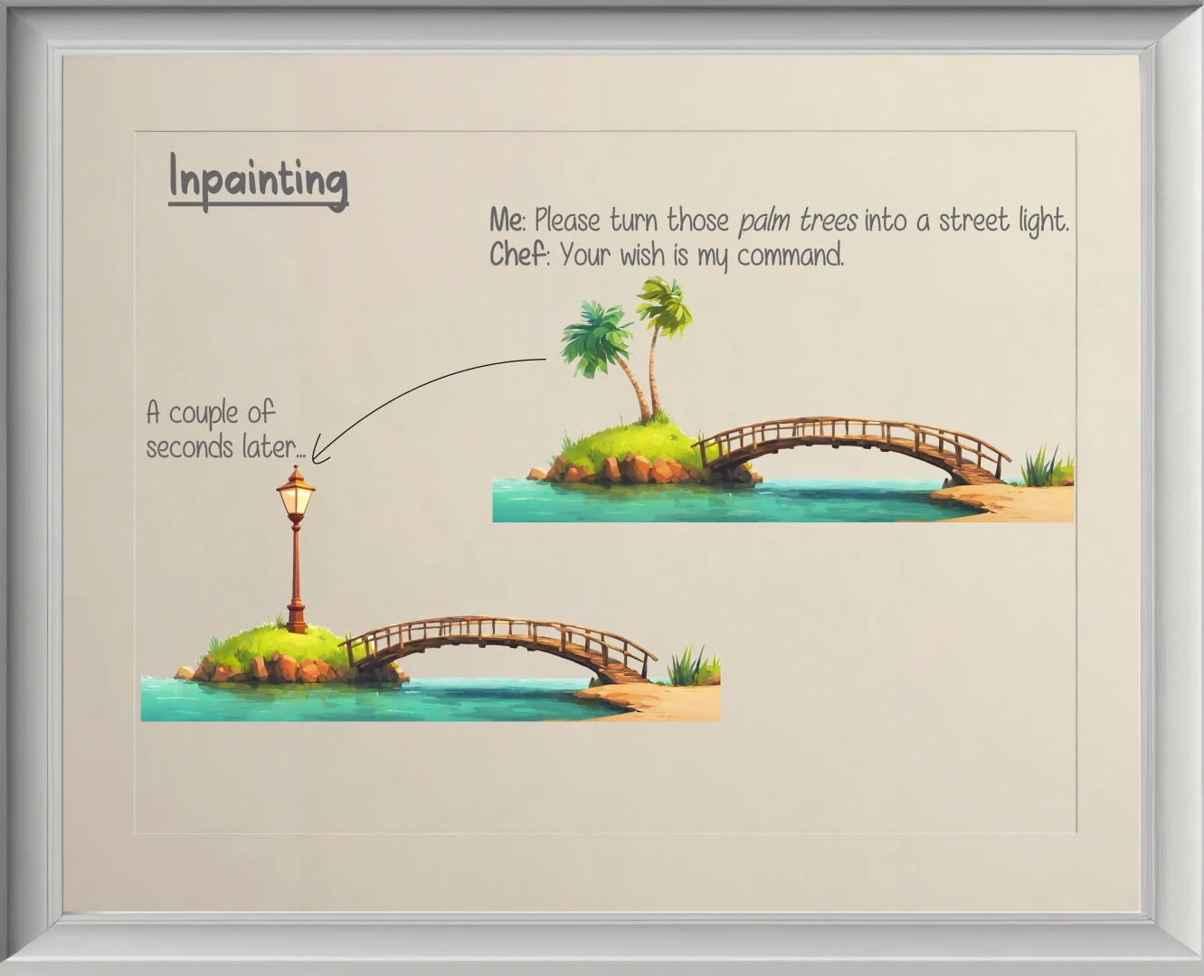 an example for inpainting by replacing palm trees with a street light