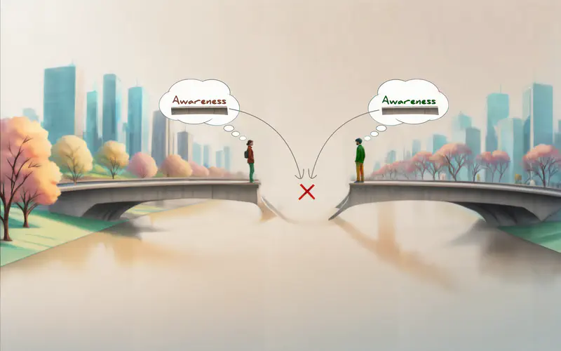 An illustration of two people standing on two opposite sides of a bridge without a possibility to bridge the gap.
