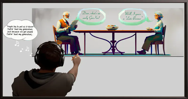 A meta painting of a painter creating a portrait of an elderly couple.