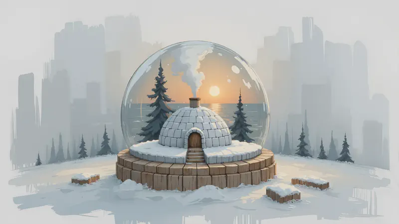 A snow-covered igloo inside a glass dome.