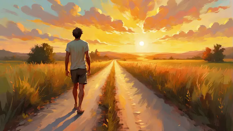 A man walking down a long road towards a vibrant sunset.