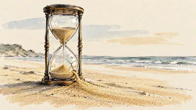 A brass hourglass on a beach, its lower glass bulb cracked, sand spilling out and merging with the sand of the shore.