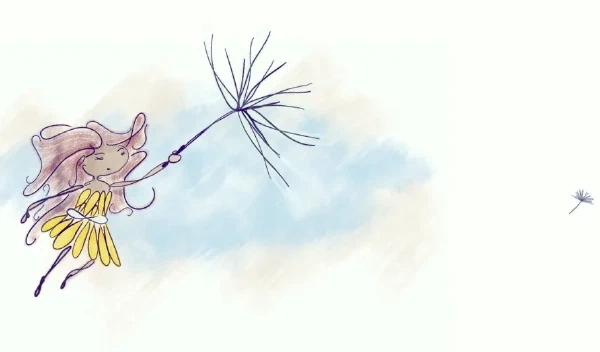 An illustration of a girl holding a dandelion, with seeds blowing in the wind.